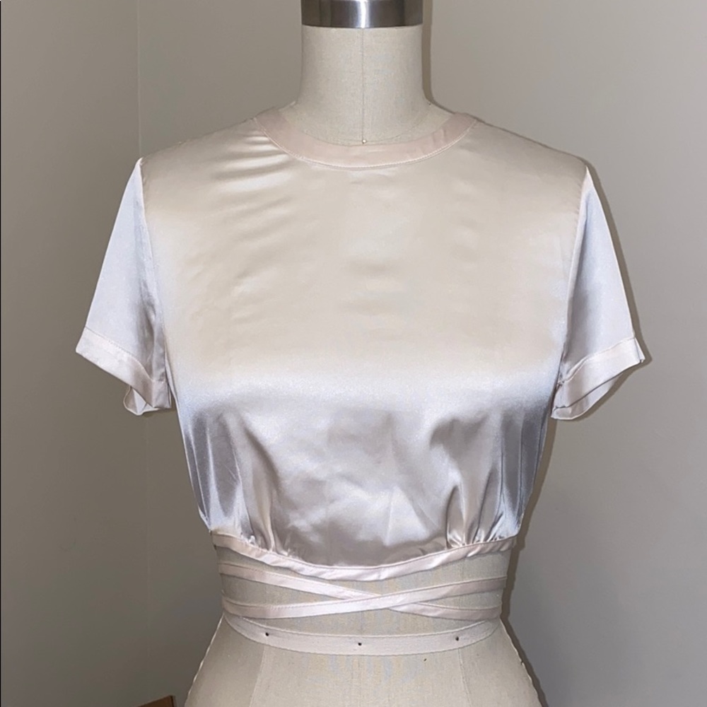 Satin short sleeve cropped top